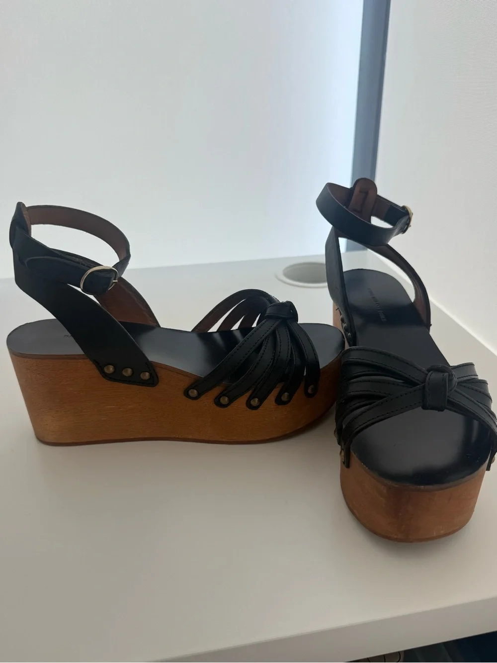 Isabel Marant Étoile Black Leather Wooden Platform Wedge Sandals Ankle Strap